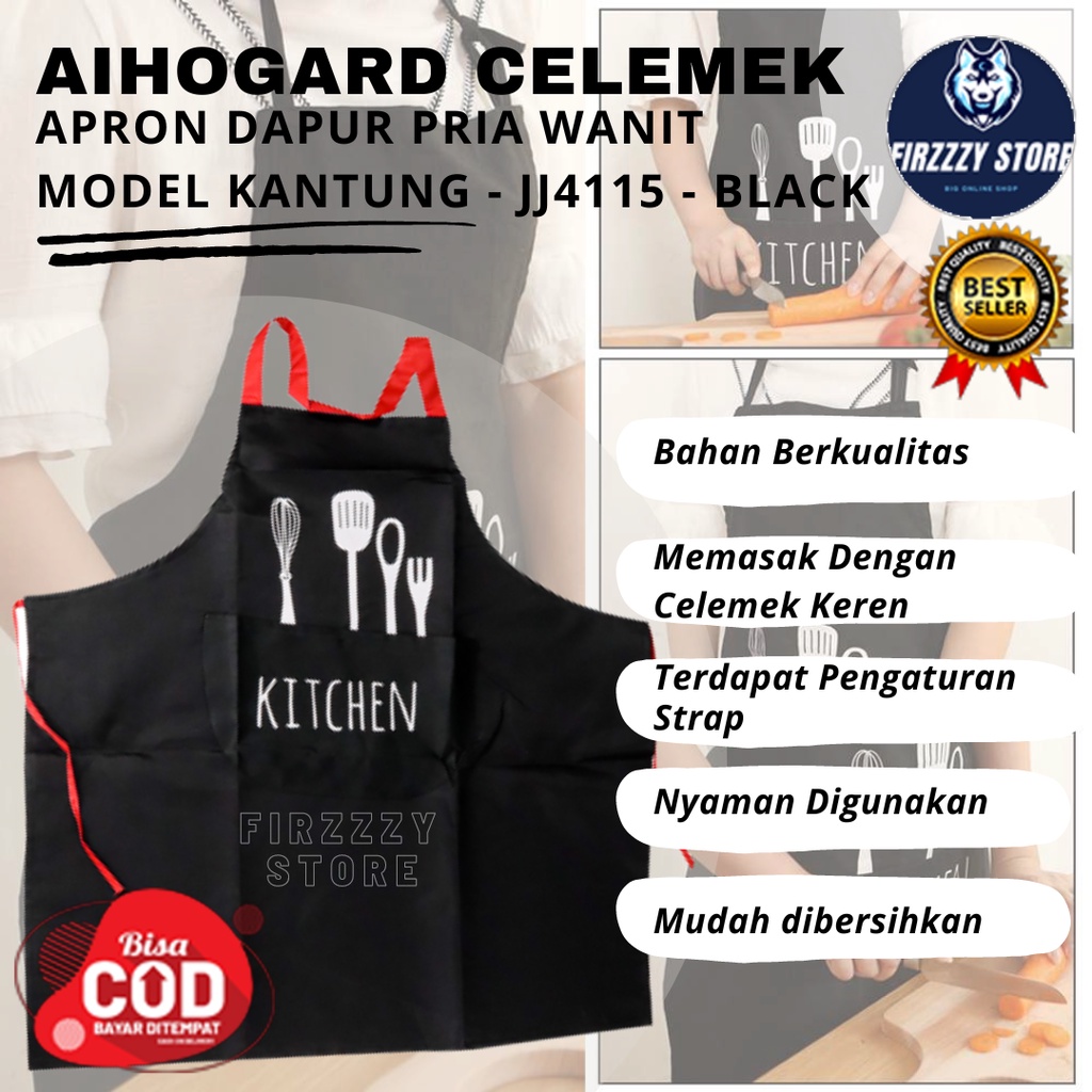 Celemek Apron Dapur Pria Wanit Model Kantung - Black