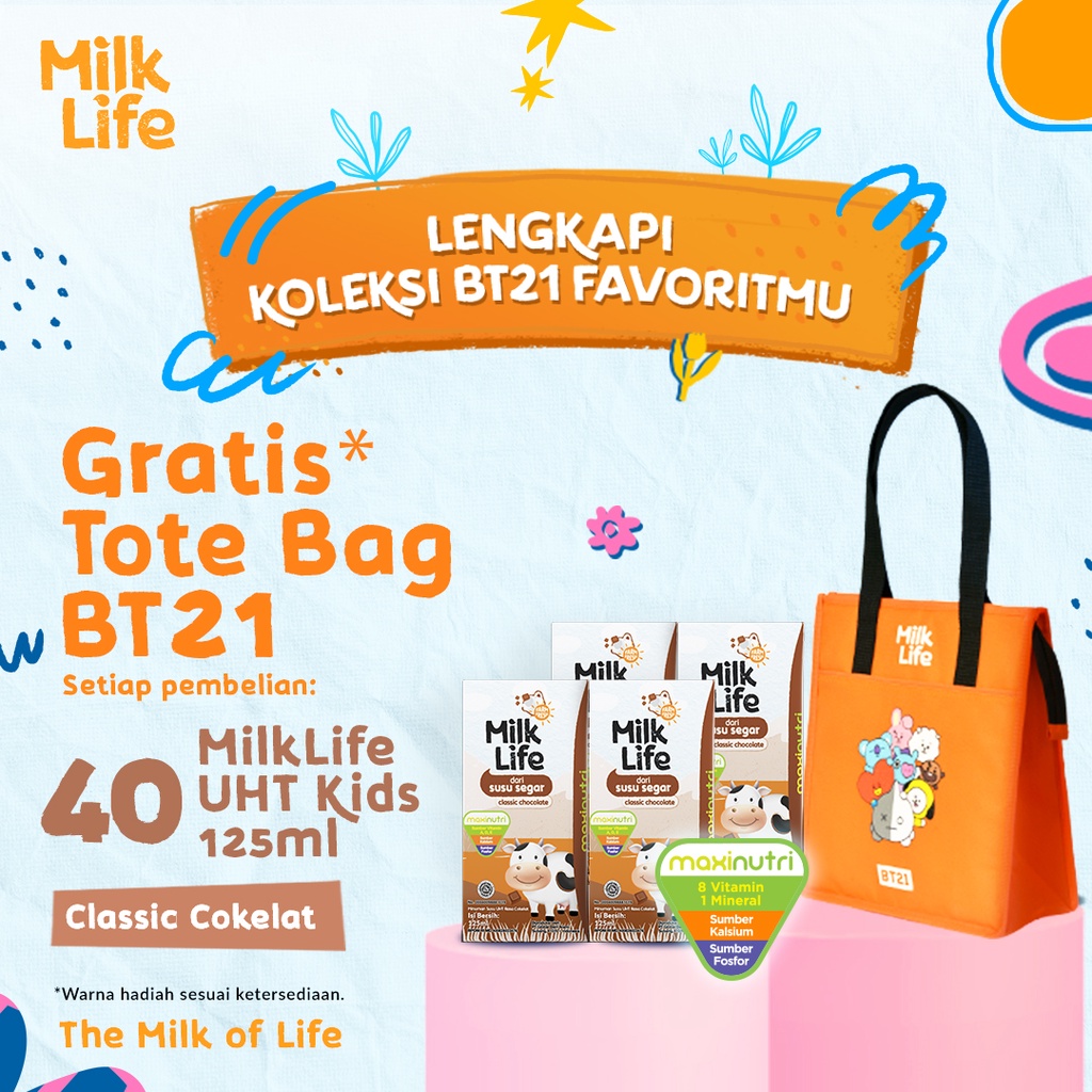 MilkLife Classic Cokelat - UHT Kids [40 pcs/Tetra Slim Leaf 125 ml] - FREE Cooler Bag Special BT21