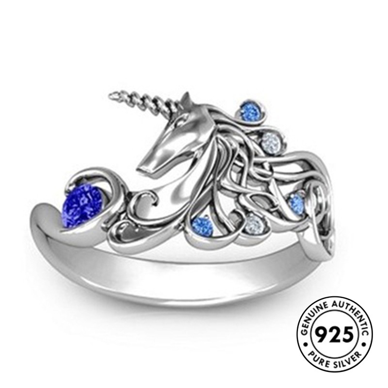 Cincin Berlian S925 Silver Bentuk Unicorn Gaya Elegan