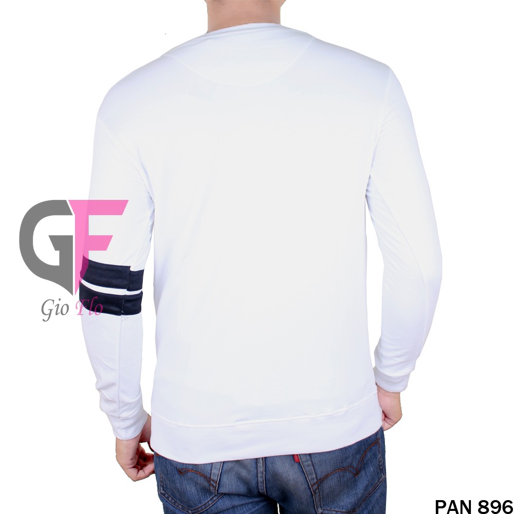 GIOFLO Kaos Polos Lengan Panjang Double Stripe Cowok White / PAN 896