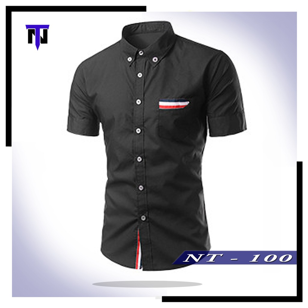 baju pria kerja keren kemeja tangan pendek variasi bendera slimfit NT18
