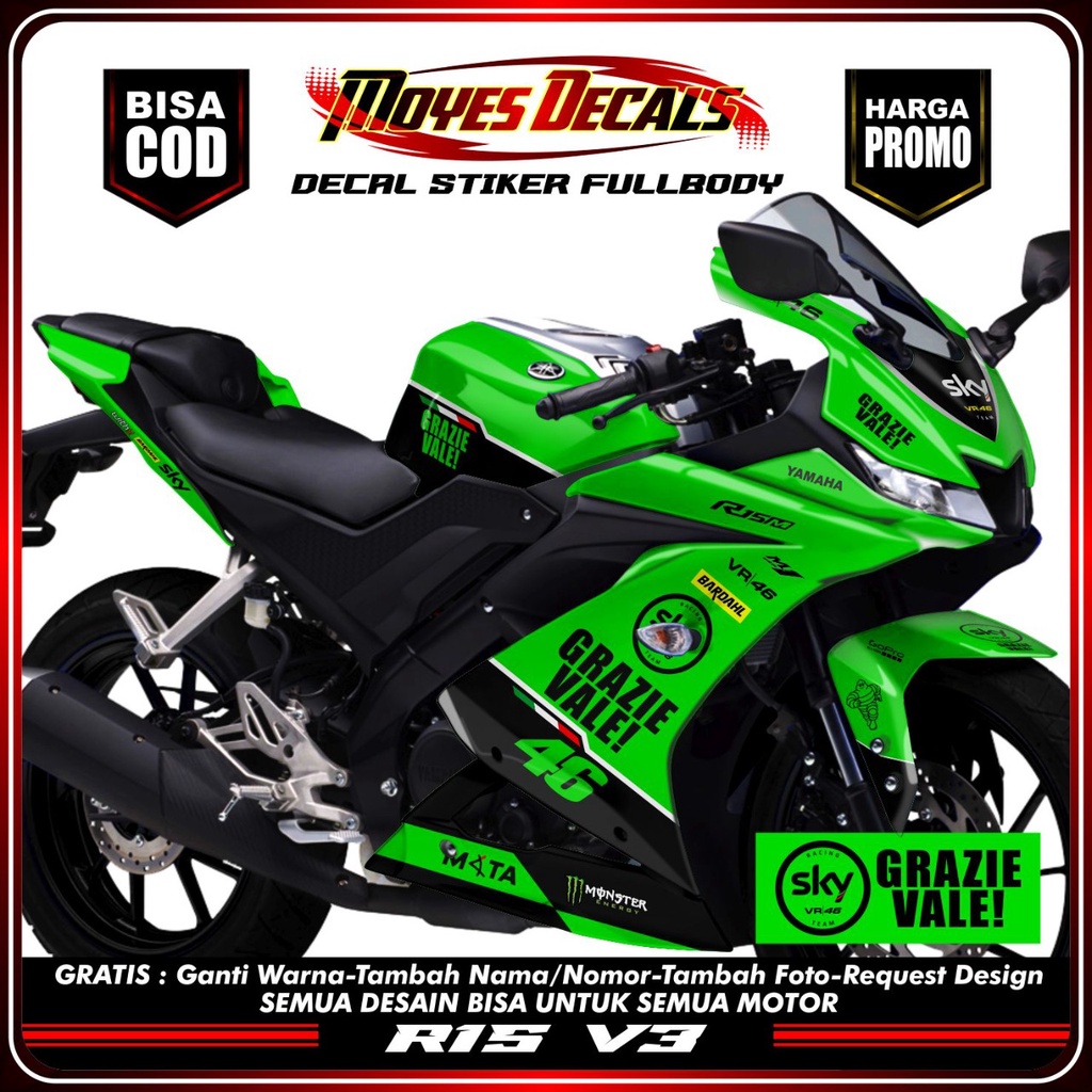 Stiker Decal Motor Yamaha R15 V3 Full Body Terbaru Motif Variasi SKY-46 Warna Hijau