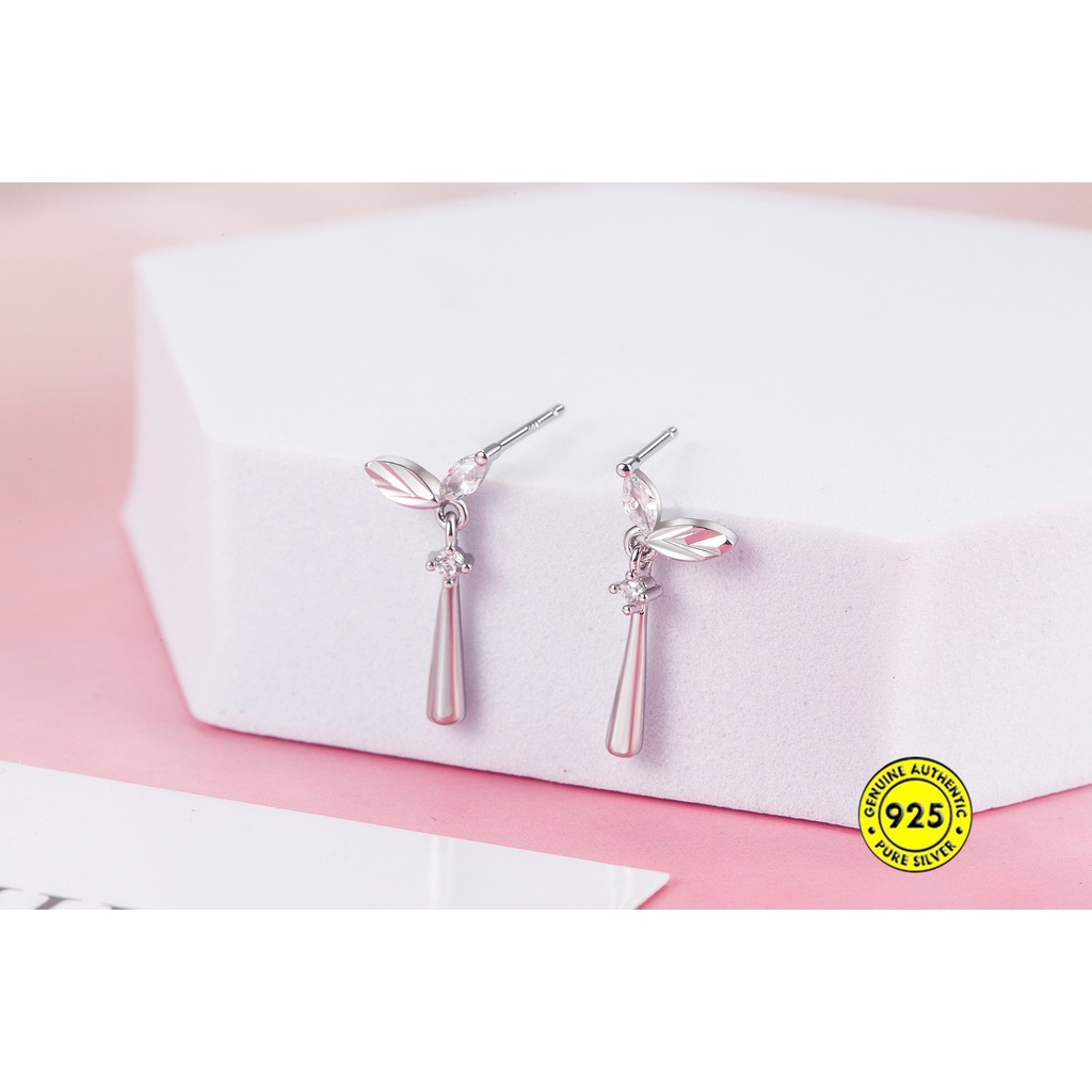 Anting Tusuk Sterling Silver Bentuk Daun Dengan Berlian Imitasi Untuk Wanita