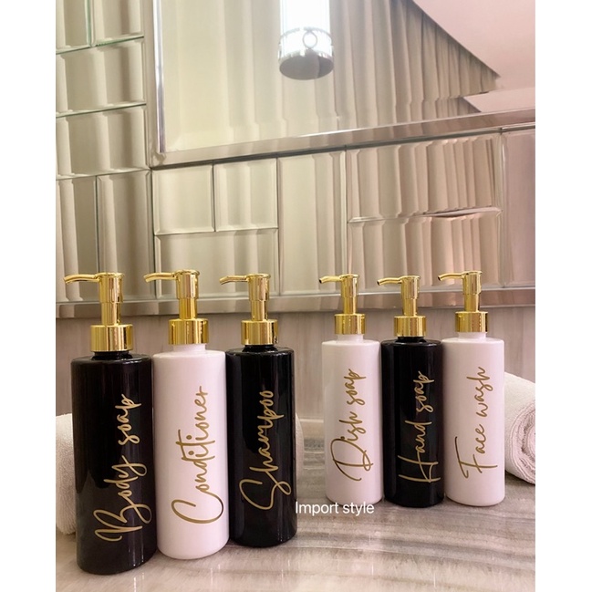 botol 250ml LONG , HITAM PUTIH  stiker GOLD NEW . aesthetic bottle refill tempat sabun cair pump estetik luxury look .