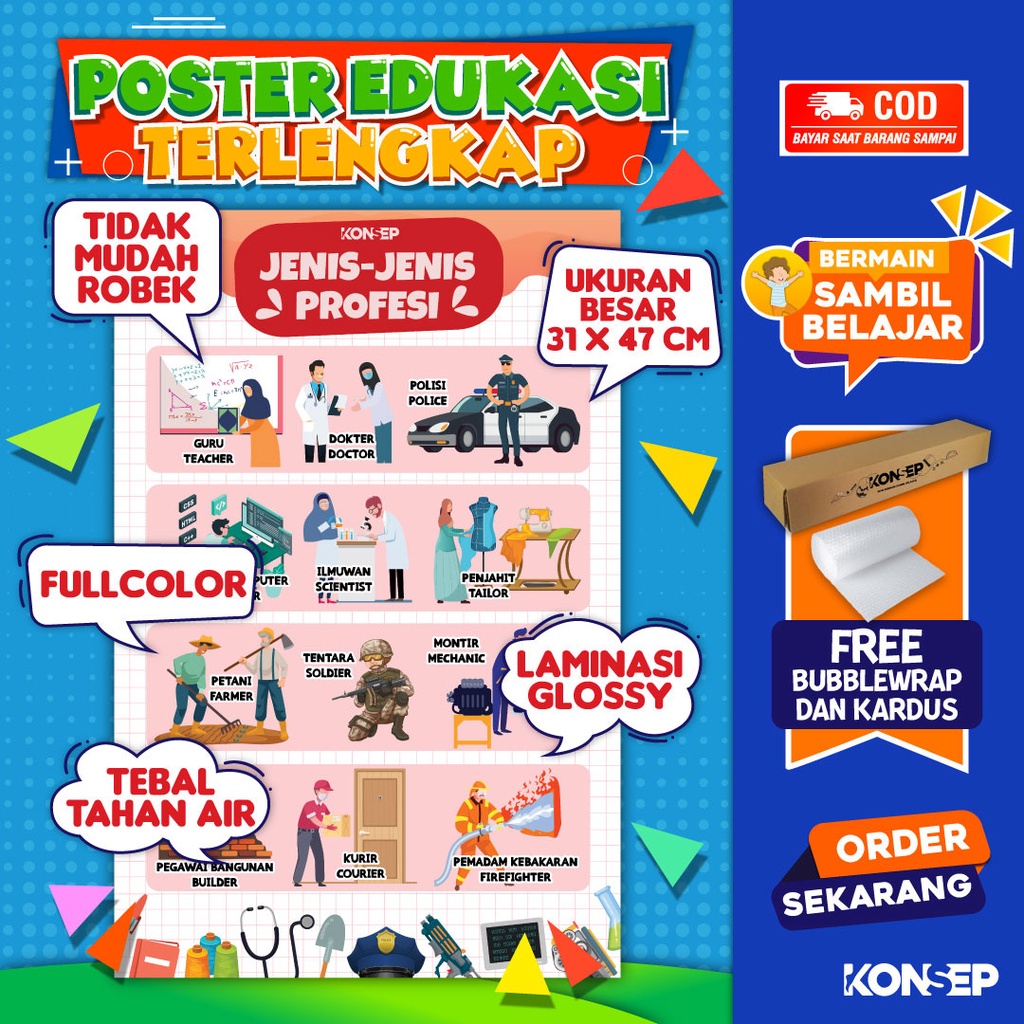 Konsep Poster Edukasi Pendidikan Anak Belajar Jenis Jenis Profesi Paud Balita TK Toodler SD Laminasi Glossy Tahan Air