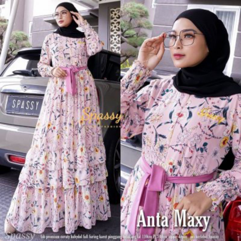 Anta Maxy ORI by spassy / dress ceruty motif bunga ld 110 / gamis busui muslimah Kekinian