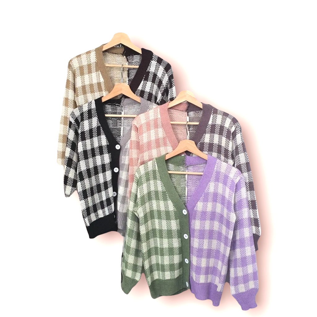 Caera cardigan two tone rajut atasan wanita motif kotak kotak