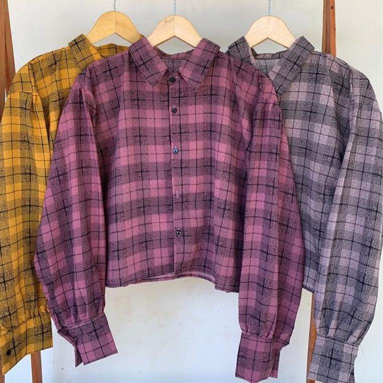 {PRK.27Jn22ᵁ} Kemeja wanita casual lengan balon /oversize shirt Tartan crop/kemeja crop kotak oversi