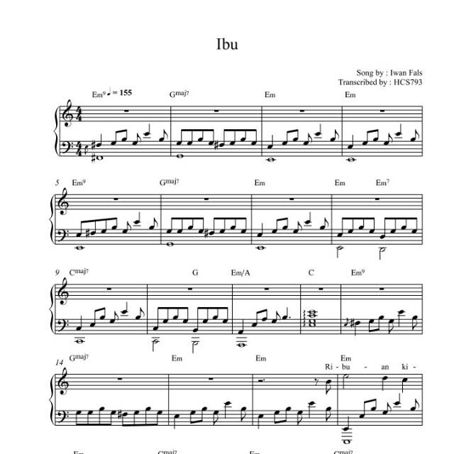 Buku Piano : Piano Sheet : Ibu /Iwan Fals