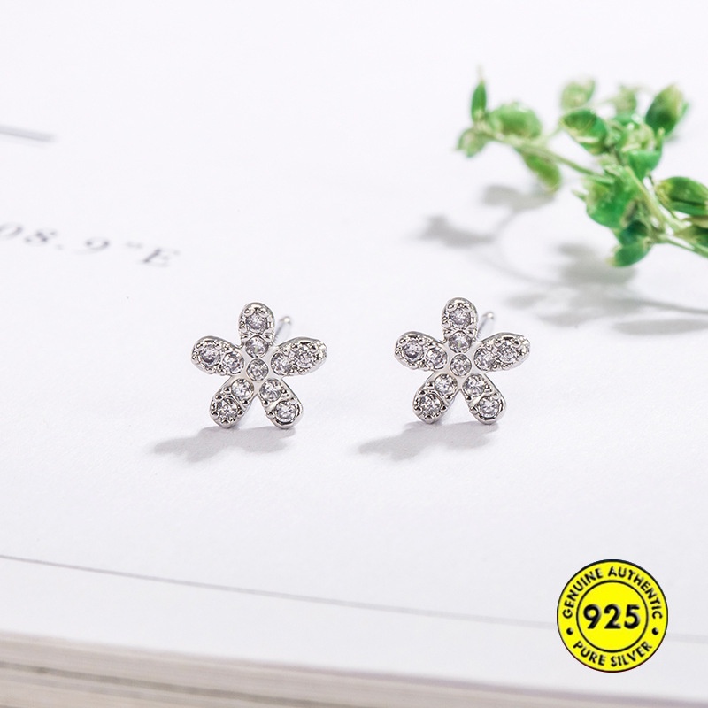 Anting Tusuk Sterling Silver 925 Desain Bunga Hias Berlian Imitasi Untuk Wanita