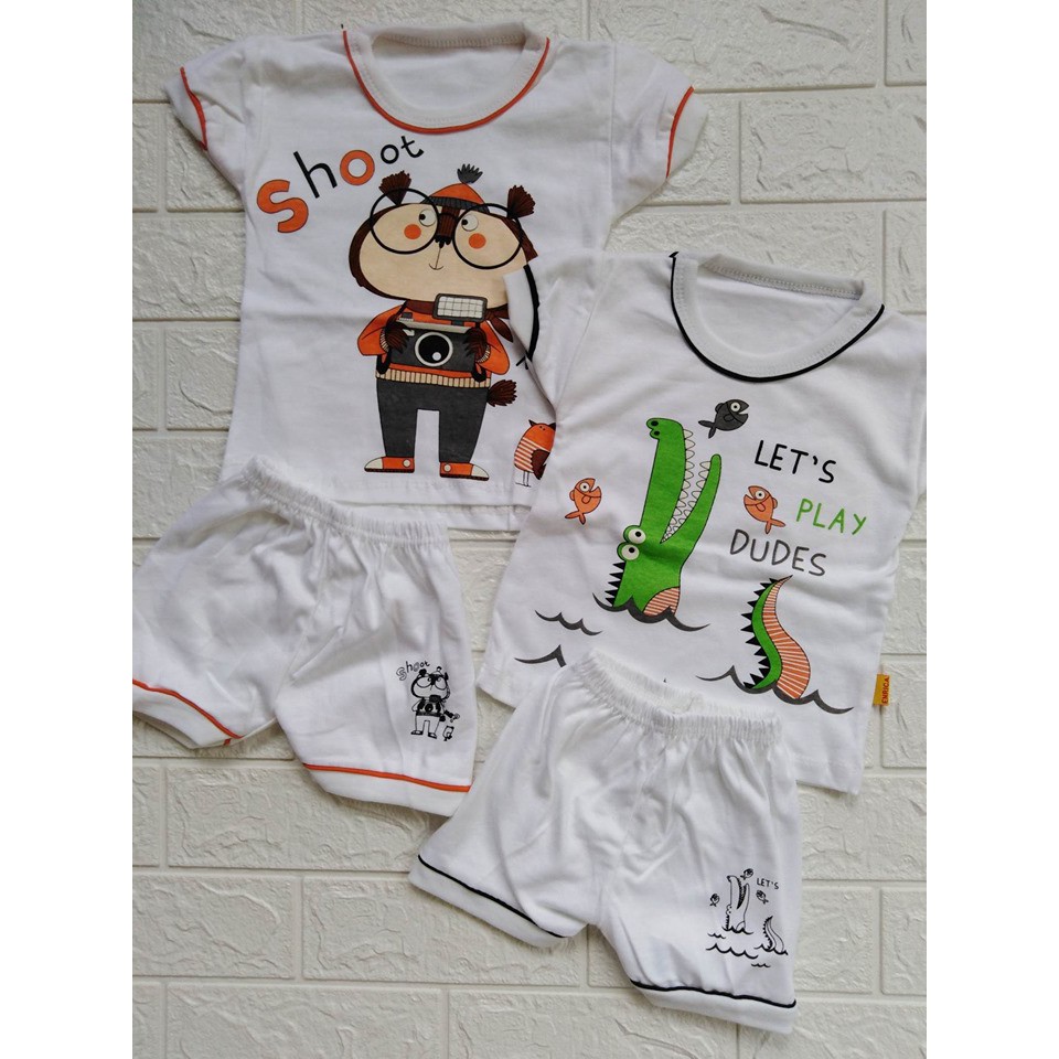 Baju Bayi Setelan Pendek Enrica Putih Sablon Print Newborn Sd 6 Bulan