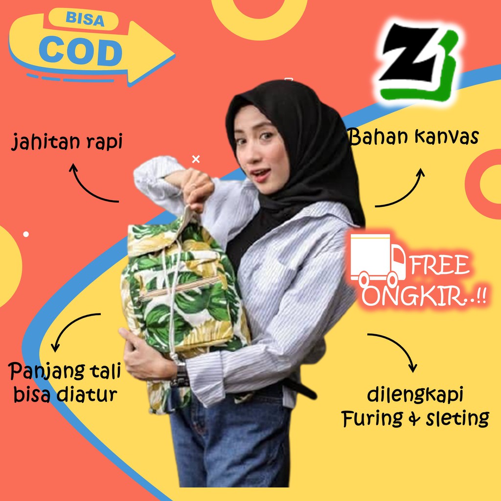 Tas ransel wanita cewek Perempuan Cewe remaja Sekolah kuliah kerja kanvas kekinian serut murah A6-monstera