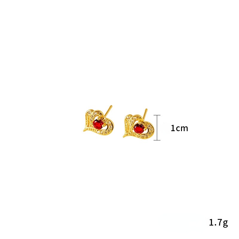 Anting Stud Desain Hati Permata Kristal Zamrud Merah Emas Asli Kadar 375 Gaya Bangkok Untuk Wanita