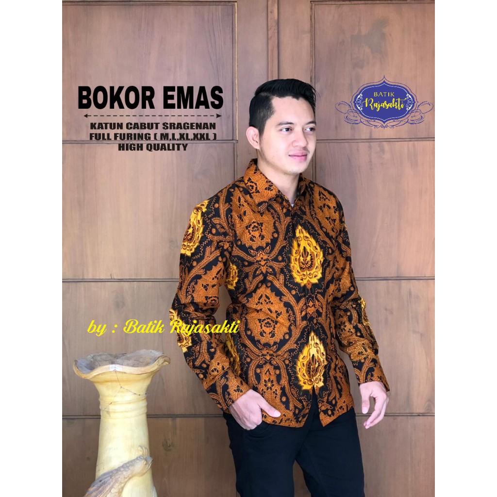 BOKOR EMAS Kemeja Batik Pria Lengan Panjang Katun Halus FULL FURING Rajasakti