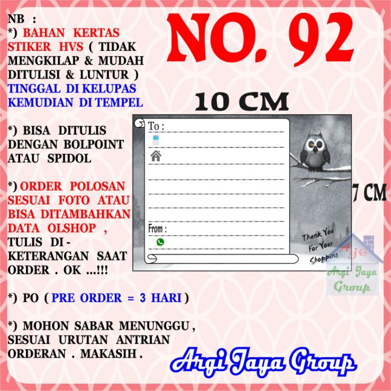 

Stiker HVS - Stiker Pengiriman - Sticker Alamat Olshop Murah Nomer 92 - 10x7cm