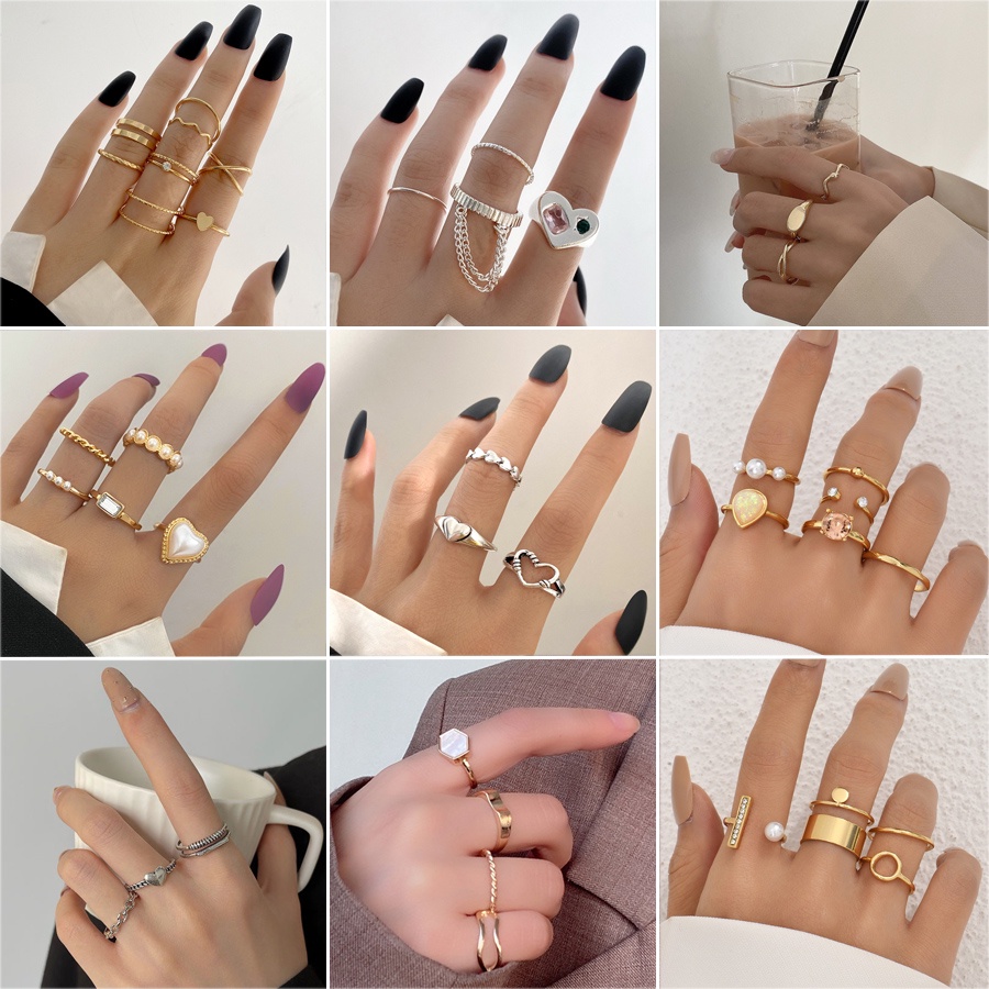 Set Cincin Jari Bahan Logam Aksen Mutiara Bentuk Hati Geometris Gaya Punk Korea Untuk Wanita