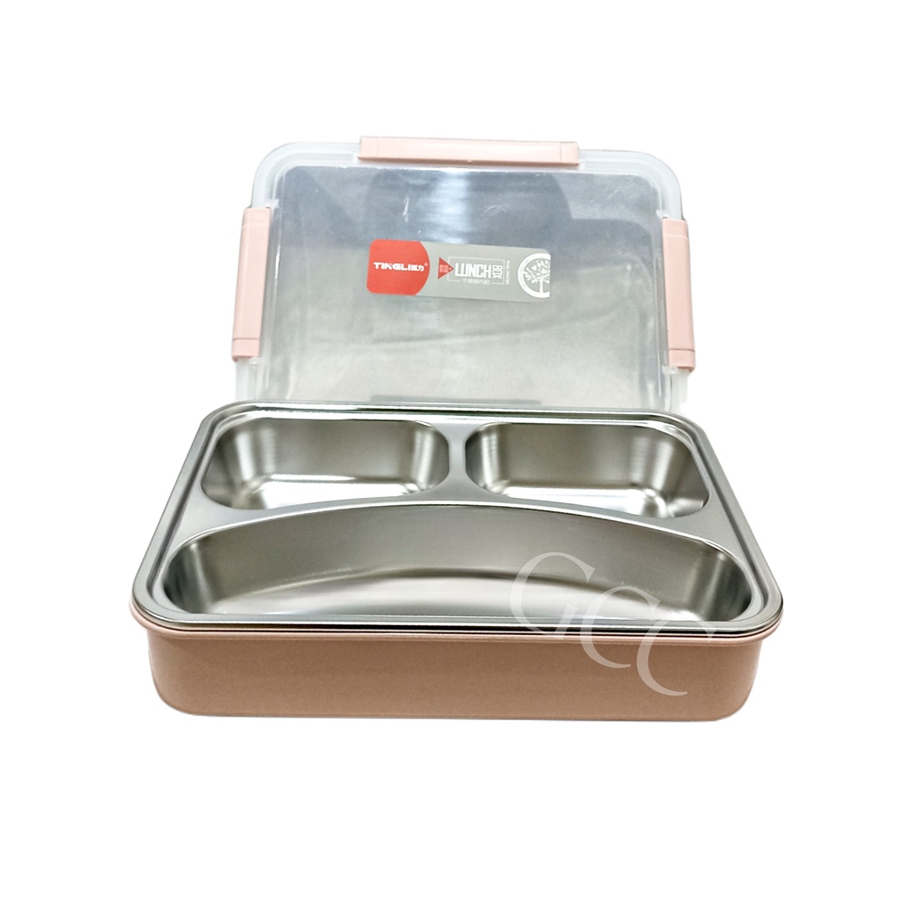 Kotak Makan Bekal Stainless 304 dengan 3 Sekat Dan Anti Bocor 880 ML