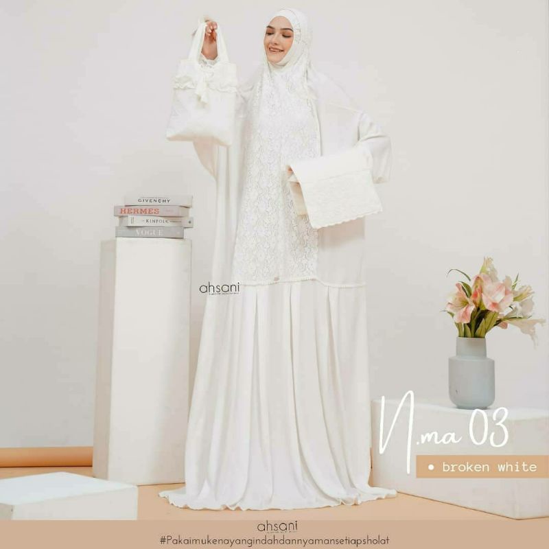 MUKENA N.MA 03 BY AHSANI Mukena Rayon Twill Premium Dewasa Lapis Brokat Mewah Mukena Terusan Polos Putih