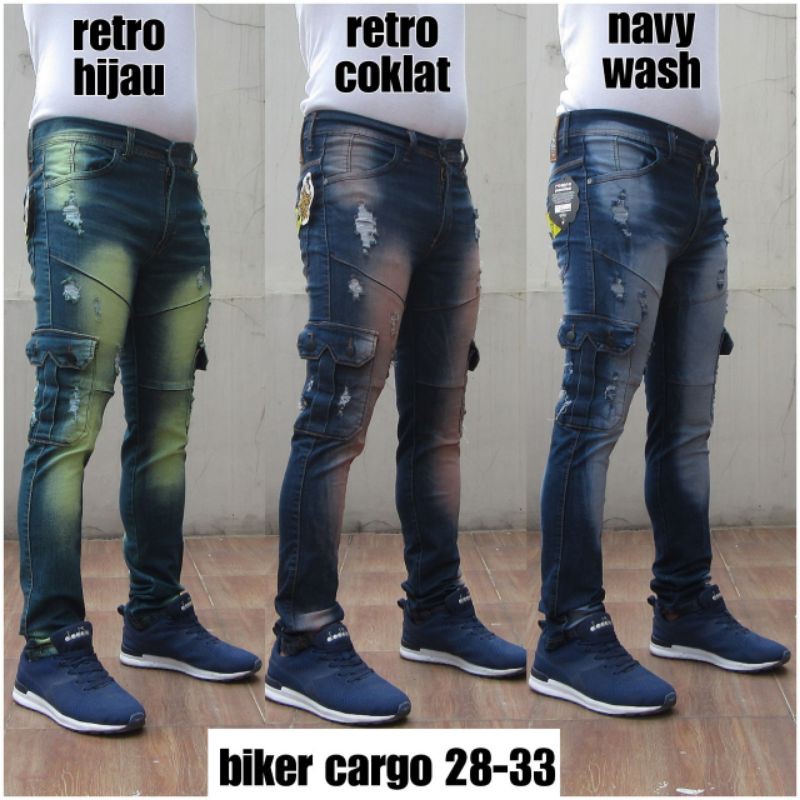 Celana Pria Cargo Jeans Sobek Ripped Strech