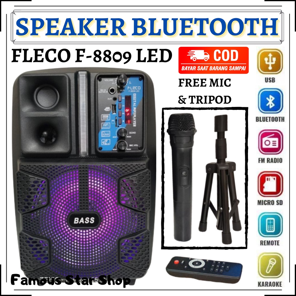 SPEAKER BLUETOOTH FLECO F 8809 LED 8'5 INCH FREE MIC WIRELESS KARAOKE + REMOTE + STAND - SPEAKER KARAOKE FULL BASS - Salon Aktif Extra Power Full Bass F-8809 LED | FMS