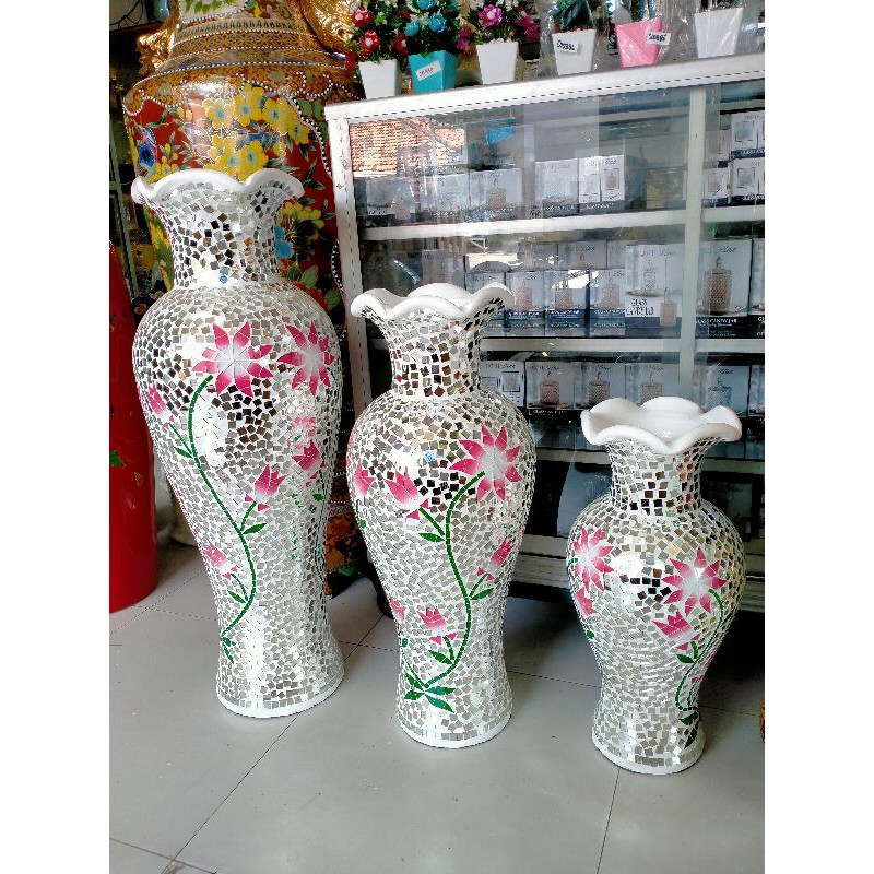 Guci Kaca Mozaik Set 3 bunga Pink