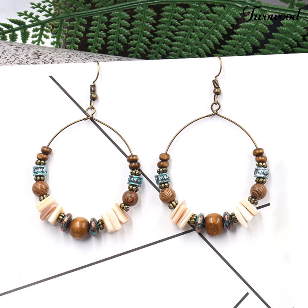 1 Pasang Anting Manik-Manik Kayu Bulat Bahan Alloy Gaya Retro Boho