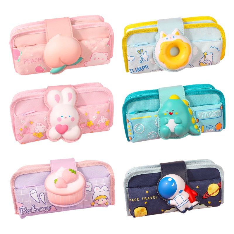 

Creative Cartoon Pencil Pouch 3 Compartments Decorative Cute Animal Button Closure Canvas Pencil Hol