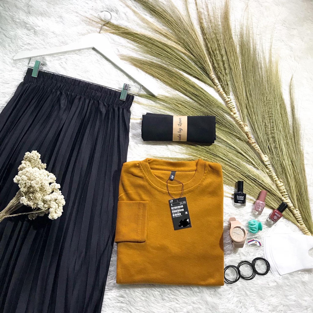 SETELAN KAOS RIB + ROK PLISKET + PASHMINA / ONE SET OOTD MUSLIM 3IN1