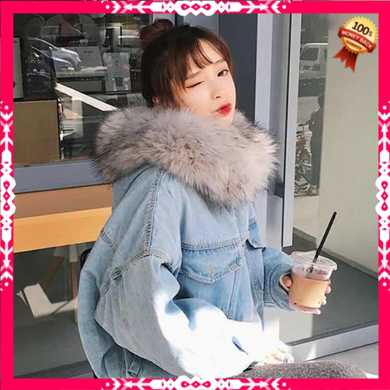 Jaket Denim Wanita Korea New Fashion Women Denim Jacket Autumn Winter Plush Warm Fluffy Fur Collar H