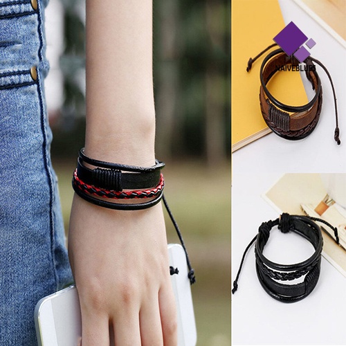 Naiveblue &gt; Gelang Bangle Kulit Pu Multisusun Gaya Vintage Retro Untuk Unisex