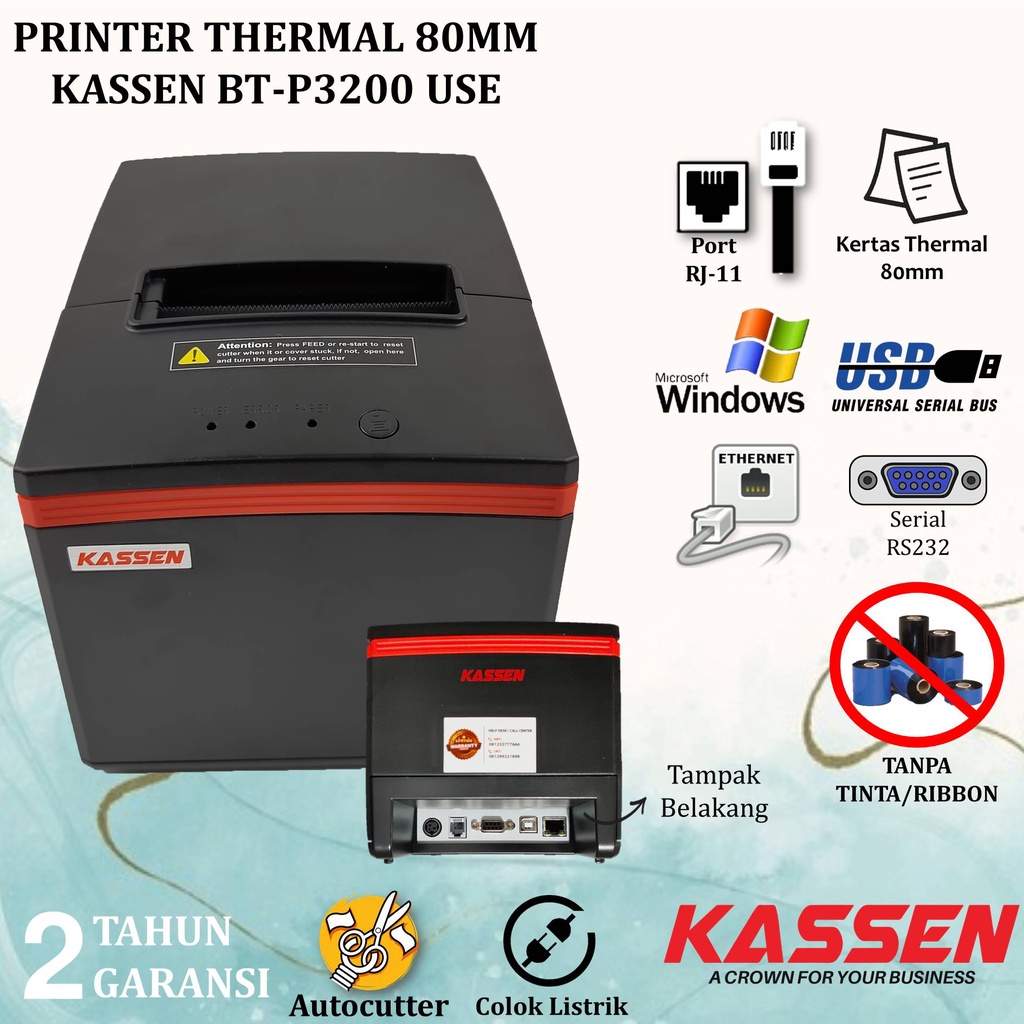 Kassen BTP3200 Printer Bluetooth Thermal 80mm Auto Cut USB Serial Ethernet (USE) LAN BT-P3200 Cetak Struk Kasir Thermal PPOB BTP 3200 Support RJ11 Autocutter