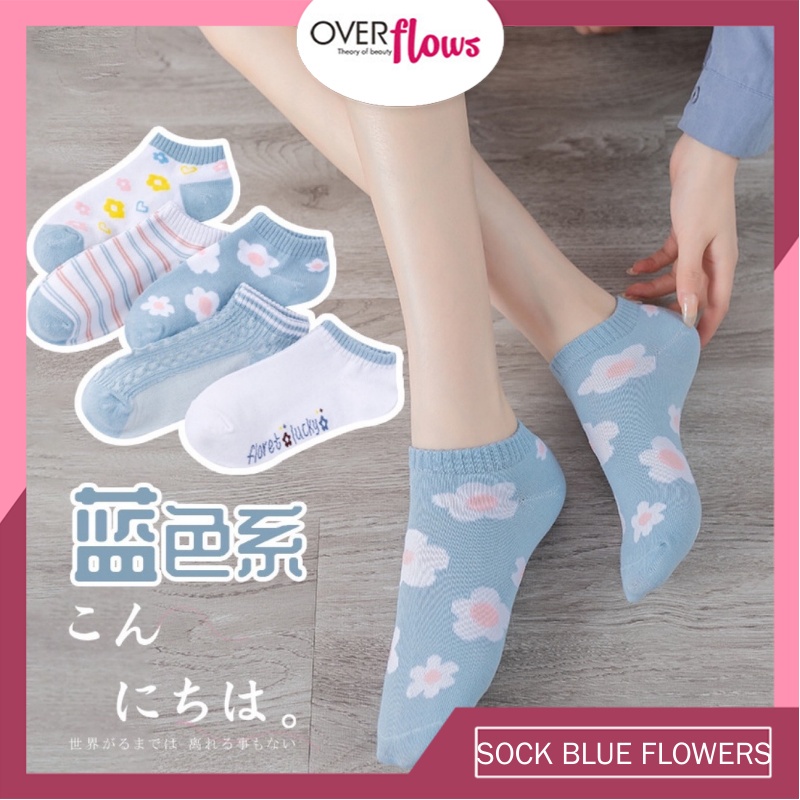 OVERFLOWS.ID Kaos Kaki Wanita Motif Bunga Biru Women Sock Fashion Korea Import Murah