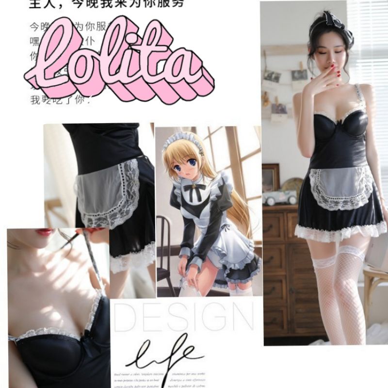 PREMIUM Cosplay Sexy Maid Uniform Lingerie + Bando Pita Baju Kostum Pelayan Waitress