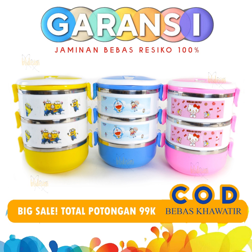Rantang Karakter 3 Susun Lunch Box Tempat Tepak Makan Anak Stainless Set Motif Lucu Anti Tumpah