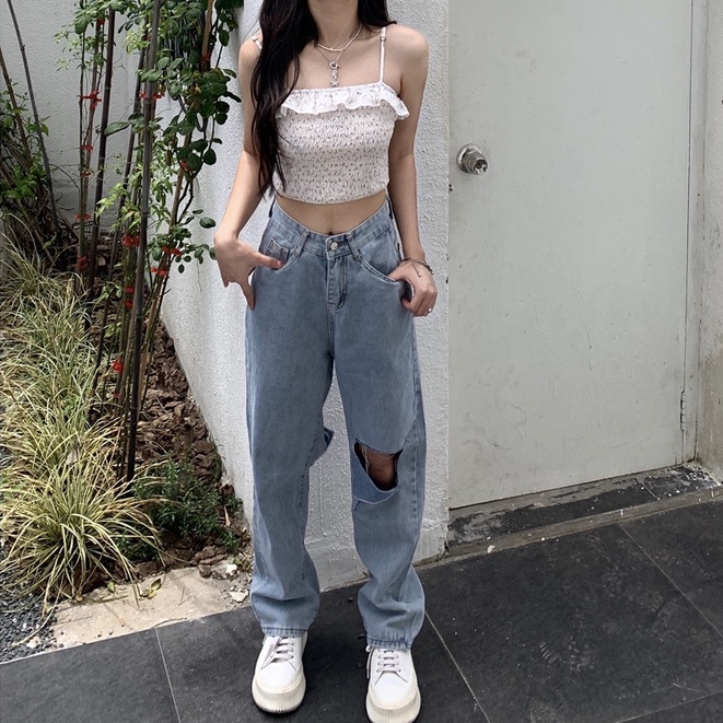 New biru kekinian high waist ripped  boyfriend celana jeans panjang wanita