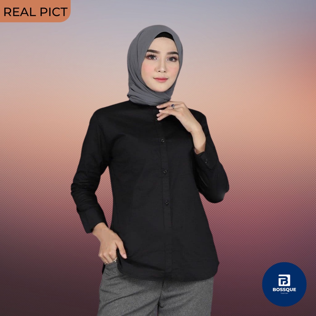 Kemeja Hitam Lengan Panjang Wanita/ Kemeja Hitam Wanita Kantor / Kemeja Hitam Formal Wanita / Kemeja Polos Hitam Wanita / Kemeja Katun Hitam Wanita / Kemeja Polos Hitam Slimfit Wanita