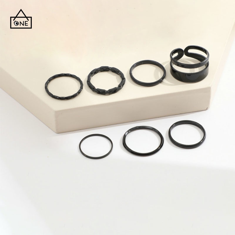 COD❤️ Cincin Gabungan Hitam Kepribadian Kreatif Set Kombinasi Hamparan Sederhana Set Cincin 7 buah