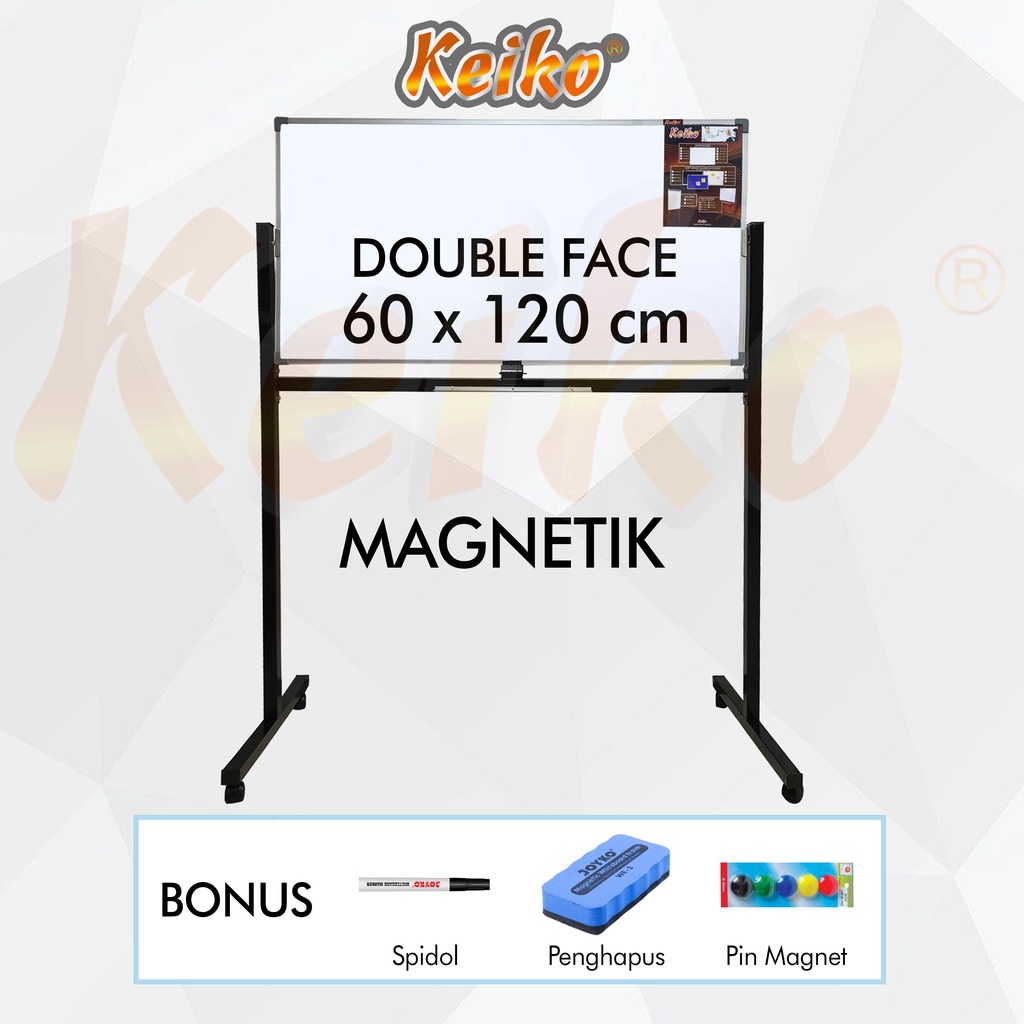 papan tulis whiteboard standing magnet double face keiko 60 x 120 cm