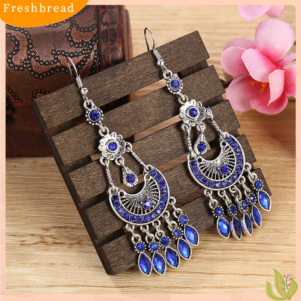 Fresh| Anting Kait Gantung Wanita Desain Bulan Sabitrumbai Panjang Hias Berlian Imitasi Gaya Bohemian Untuk Hadiah