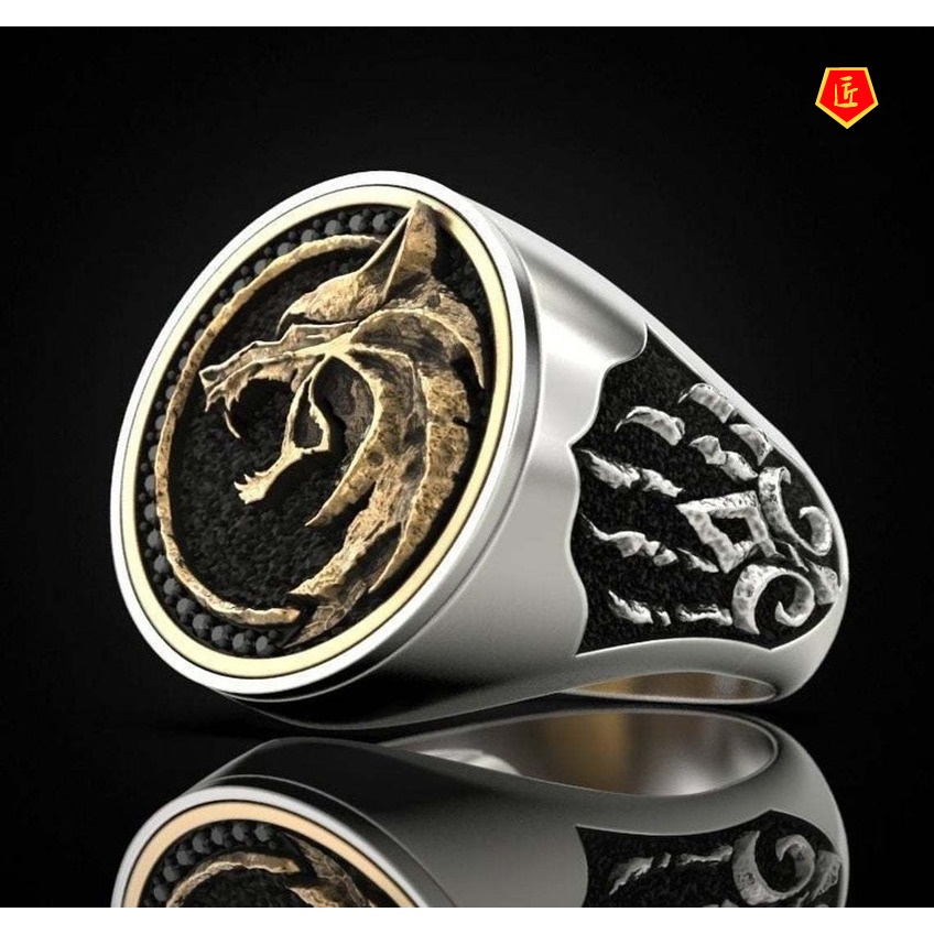 [Ready Stock]Men's Retro Two-Tone Wolf Ring