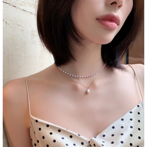 KALUNG TITANIUM WANITA PANJANG MUTIARA PEARL ELEGANT RETRO ANTI KARAT AKSESORIS FASHION IMPORT KOREA KLG37