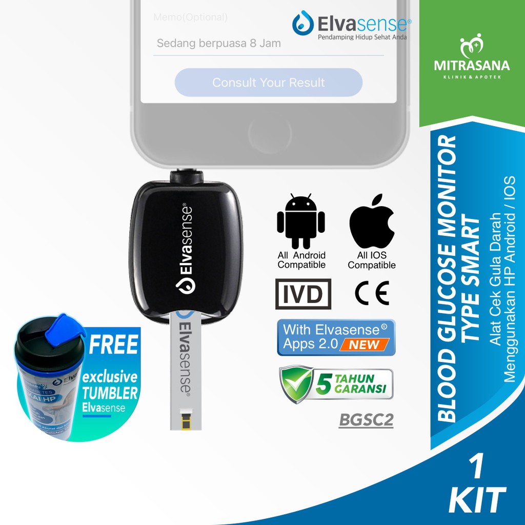 Elvasense Alat Monitor Gula Darah - Smartphone Connect Kit, SMART