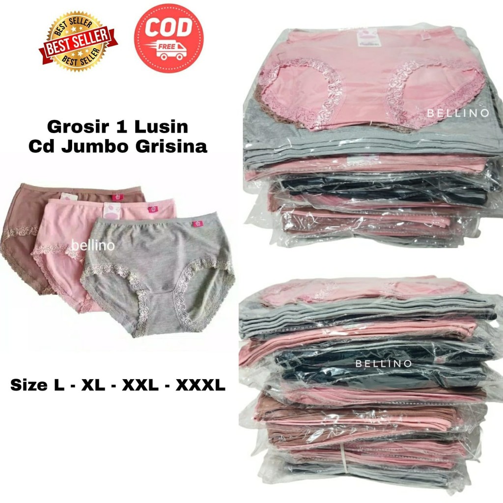 Bellino - Cd Wanita Jumbo 1 Lusin /Celana Dalam Wanita Renda Katun Grisina L XL XXL XXXL Cd Jumbo 3l