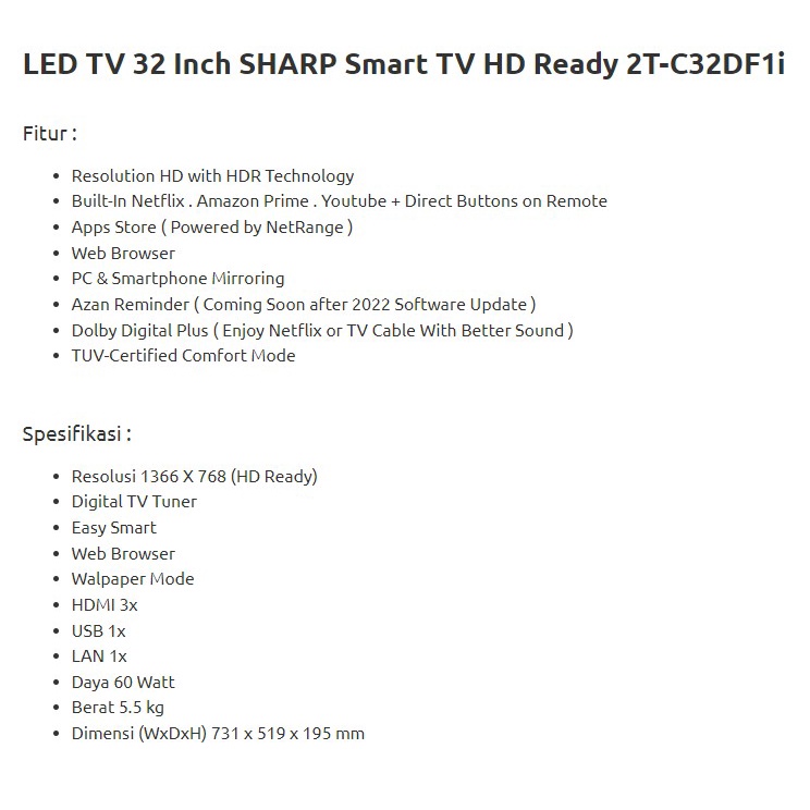 SHARP LED Smart TV 32&quot; Digital TV HDR 2T C32DF1I 32DF C32DF LED TV