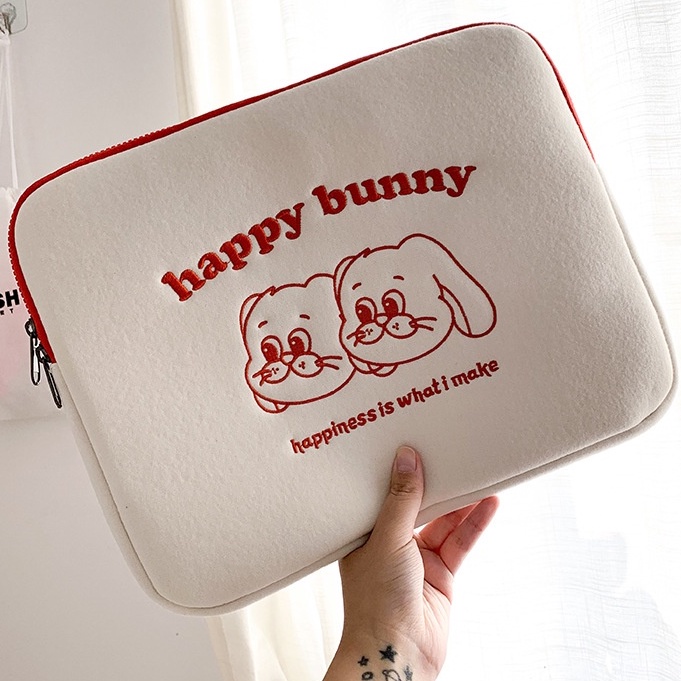 Sleeve Pouch Sarung Tas Bag Case Ipad Tab Tablet Macbook Air Pro Laptop Asus Acer Lenovo HP Huawei 11 12 13 14 15 inch Motif Gambar Kelinci Rabbit Twin Bunny Warna Putih Merah Lucu Cute Murah Korean Model