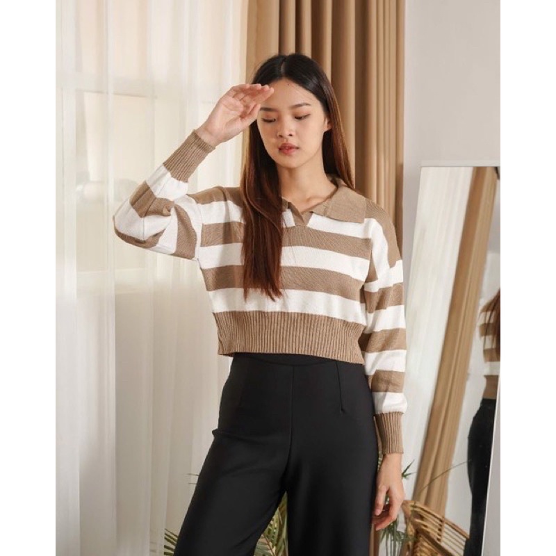 Stripe crop top polo knitted premium