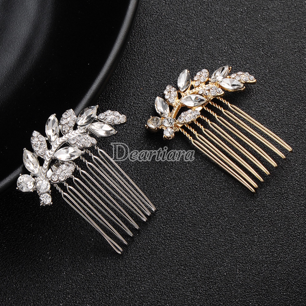 Sisir Rambut Bentuk Daun Aksen Kristal Berlian Imitasi Bahan Alloy Untuk Aksesoris Pengantin