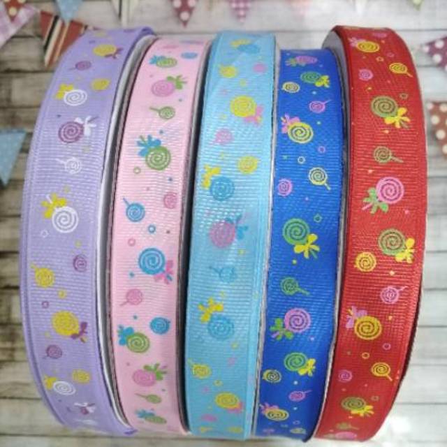 Pita grossgrain motif lolipop candy kado birthday 2 cm rol 10 yard