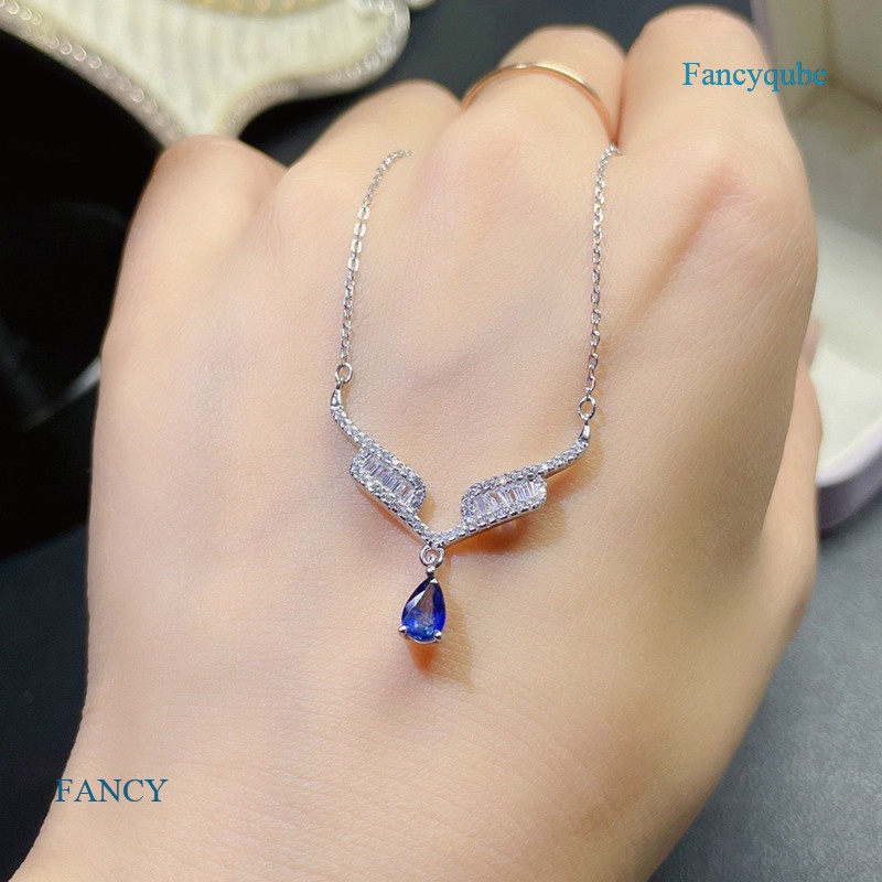 Kalung Dengan Liontin Bentuk Tetesan Air Bahan Cubic Zirconia Warna Biru Untuk Wanita