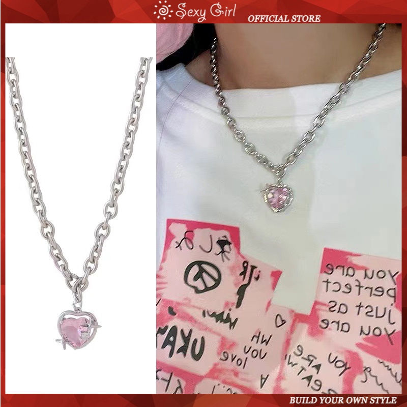 Kalung Berlian Bentuk Hati Warna Pink Gaya Korea Untuk Wanita